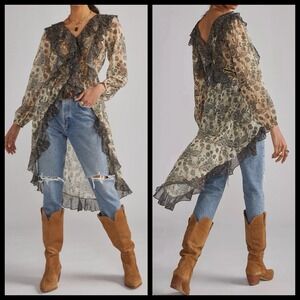 Anthropologie Let Me Be Sheer Femme Maxi Buttondown Ruffle Top Petite XS Fairy